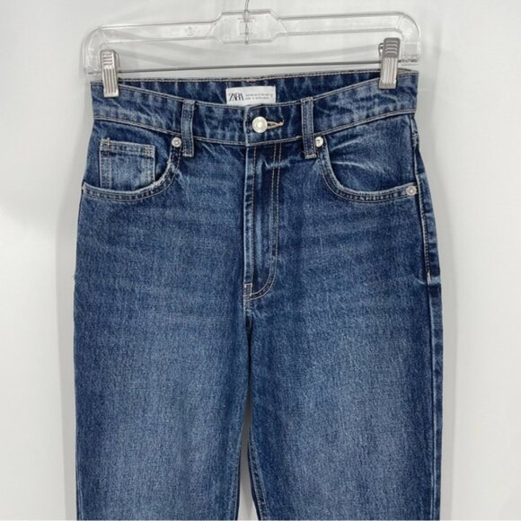 Zara High Waisted Flare Jeans Full Length Dark Blue Wash Size 2 4365 210 401 - Picture 2 of 10